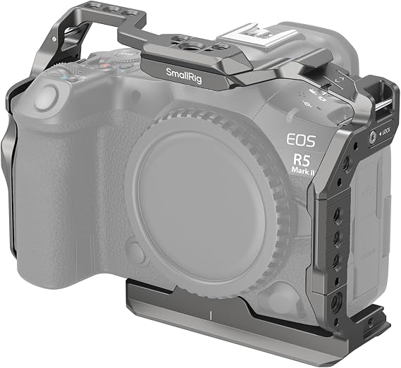 SmallRig R5 II Camera Cage, HawkLock Quick Release Cage for Canon EOS R5 Mark II with Tempered Screen Protector, with 1/4"-20 and 3/8"-16 Threaded Holes, Cold Shoe, NATO Rails, Titanium Gray - 4977