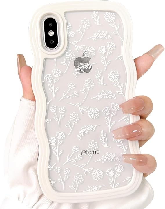 NITITOP Compatible for iPhone X/XS Case Cute Clear Flower Floral Curly Wave Frame Shape Wavy Shockproof Soft TPU 2 in 1 Protective Phone Cover for Women Girl - Flower