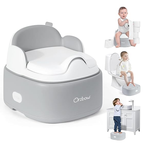 Orzbow Toddler Potty Training Toilet, 3-in-1 Potty Chair for Boys and Girls | Converts to Toilet Seat & Step Stool, Easy-Clean with Splash Guard, Non-slip Base, Soft PU Cushion, Space-Saving Design