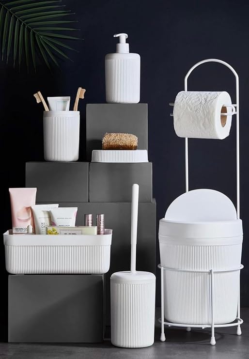 7 Parça Banyo Seti Çöp Kovalı Tuvalet Kağıtlığı ve Fırçası - Kozmetik Kutusu - Diş Fırçalık - Katı ve Sıvı Sabunluklar (BEYAZ)