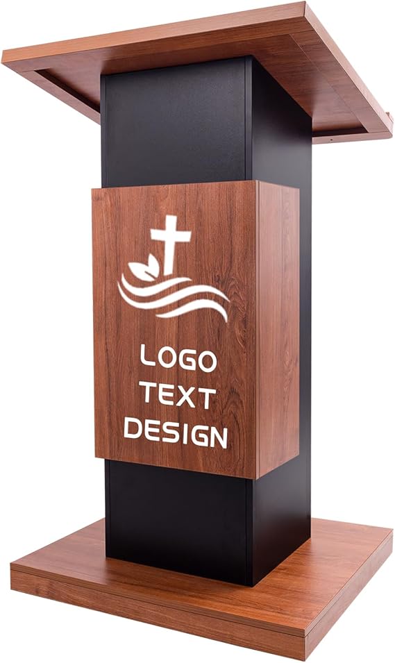 118CM Customized Wood Podium Stand with 4 Lockable Wheels，44.6“ Wooden Lectern with Storage，Wooden Standing Pulpit with Wire Hole for Office School Conference Restaurant Meeting