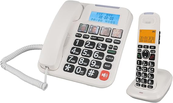 Corded Cordless Phone Combo, Expandable Corded Cordless Phone System with Answering Machine One Touch Call Blocking Big Buttons Phone with 2 Handsets (White)