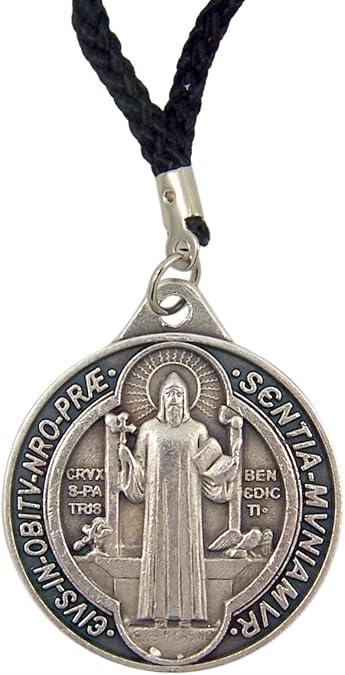 Silver Toned Benedict Medal Pendant on Cord Chain, 1 1/4 Inch
