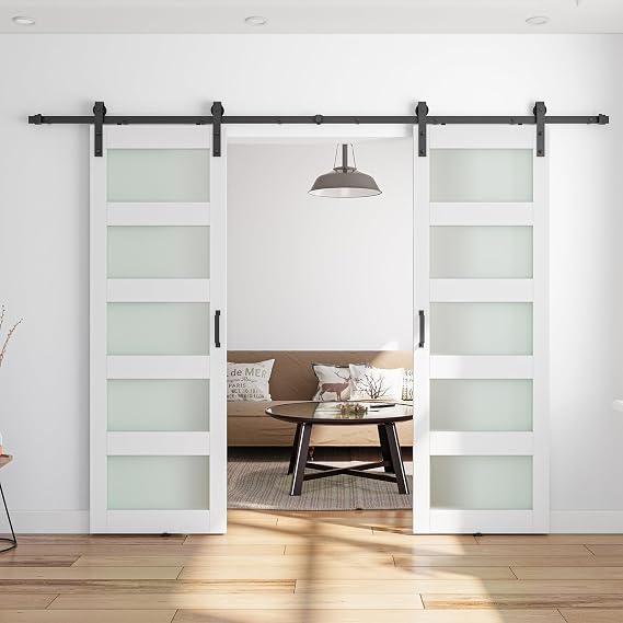 56" x 84" (Double 28" x 84" Doors) Barn Door with 5-Panel Frosted Glass