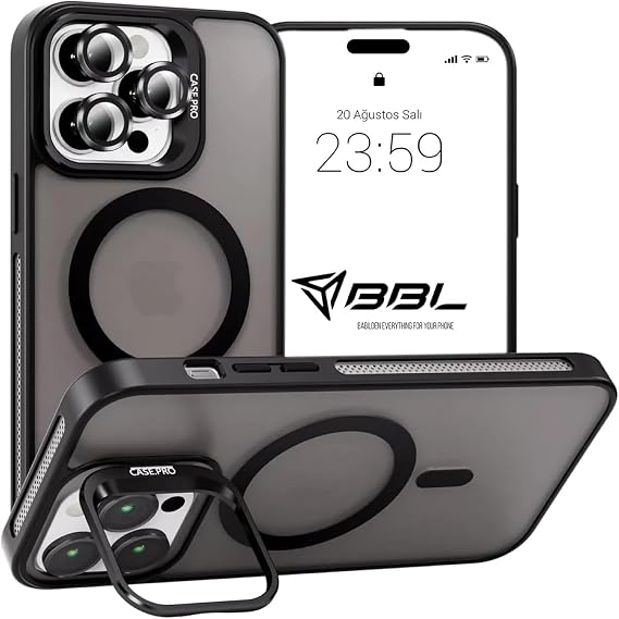 Babilden iPhone 14 Pro Max İçin Kılıf Kamera Korumalı Magsafe İle Uyumlu Kablosuz Şarj Özellikli Mat Şeffaf Renkli Standlı Lens Hediyeli Telefon Kılıfı (Siyah)