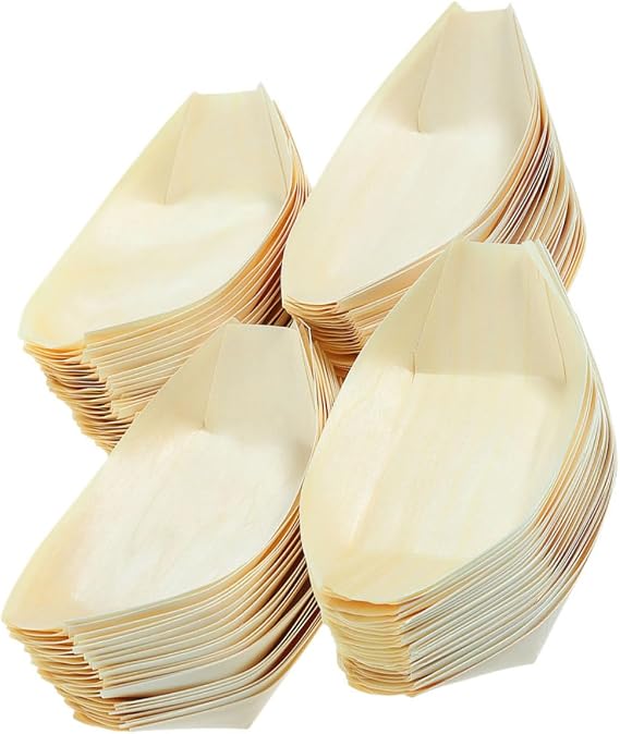 COLLBATH Xmas Disposable Wooden Boat Plates 150pcs Pine Sushi Tray Serving