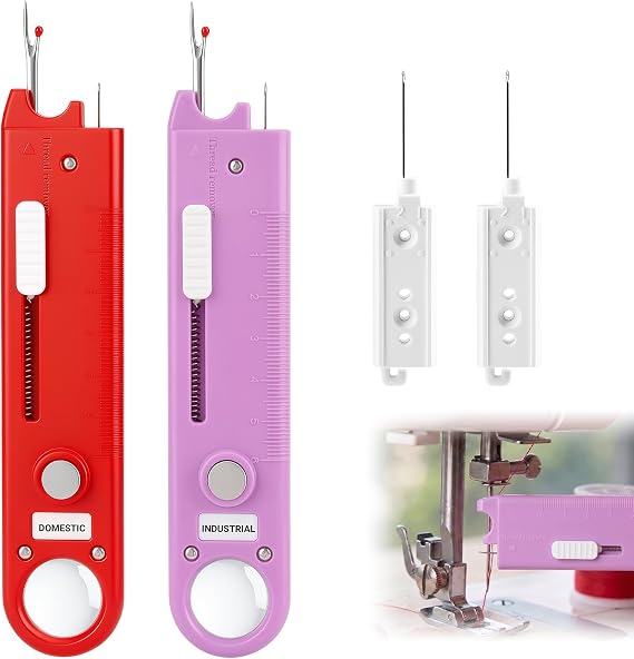 Sewing Machine Needle Threader, 5 in 1 Automatic Quick Threading Tool, Multifunctional Stitch Insertion Seam Guide with Seam Rippers for Quilting Alterations Tailoring(2 Pack,Red/Purple)