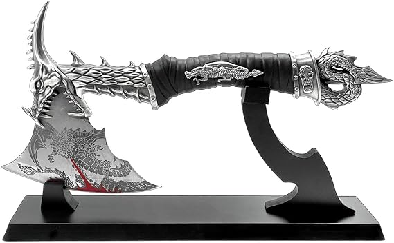 14.5" Fantasy Dragon Axe Wtih Wood Stand, Gift for Xmas, Home Tabletop Decoration