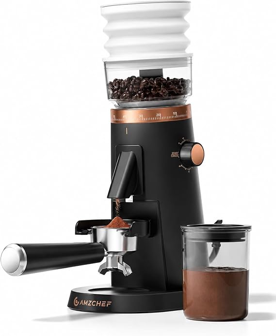 Anti-Static Espresso Grinder with Self-Cleaning Burrs & 47 Settings,Coffee Grinder featuring Anti-Static & Low-Residue design for home use, complete with storage box and dosing cup