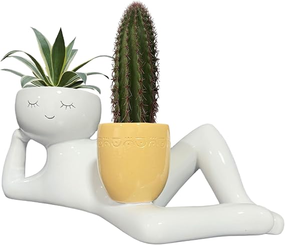 Lazy Guy Planter Pot, 10 Inch Lying Down Figure Funny Plant Pots, Decorative Resin Succulent Planter for Succulents Cactus Home Garden, Unique Cactus Plant Lover Gift
