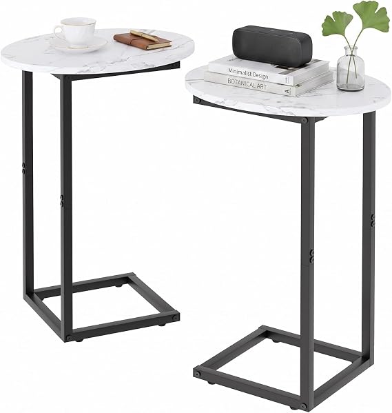 C Shaped End Side Table, Small Oval Couch Sofa Table for Bed, Snack Side Table with Metal Frame, TV Tray Table for Small Space, Living Room, Bedroom, Bedside 2Pcs(White Marble)