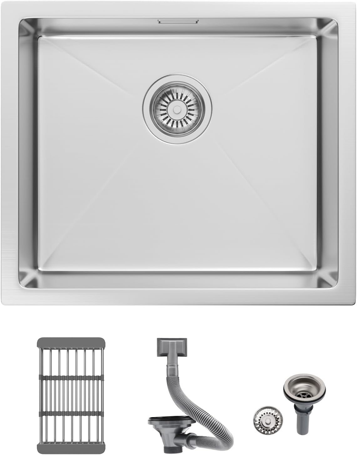 Sarlai 304 Stainless Steel Kitchen Sink, 50x43 CM Small Single Bowl Sink with Overflow, Undermount & Flush Mount Outdoor Campervan Bar Sink Basin with Drainer Fittings, 1 Bowl, Brushed
