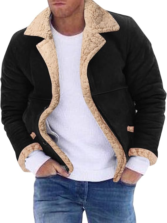 Men's Sheepskin Leather Jackets Shearling Fur Lined Suede Jackets Winter Thicken Warm Fuzzy Lapel Retro Aviator Coat