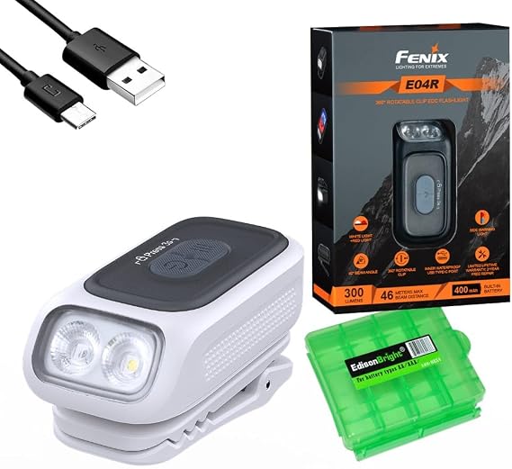 Fenix E04R 300 Lumen Clip-on Rotatable, Body Worn, White/red, Safety Flash, Rechargeable LED Flashlight w/EdisonBright Acc case Bundle (White)