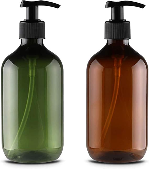 2Pcs 300ml/10oz Empty Plastic Pump Bottles , Refillable Lotion Shampoo Body Washing Cream Shower Gel Storage Holder Container Toiletries Liquid Dispenser (green+brown)