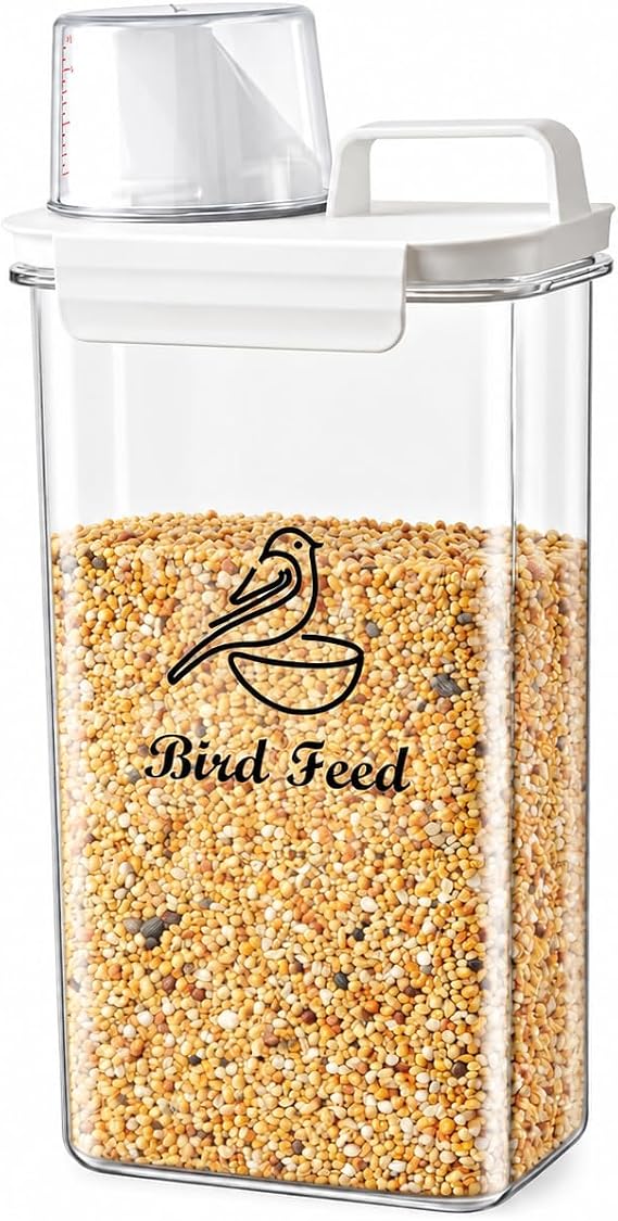 Bird Seed Storage Container Portable,2.5L/3 Qt Airtight Pet Food Container with Measuring Cup,Bird Food Container for Wild Bird Sunflower Seed-BPA Free Transparent