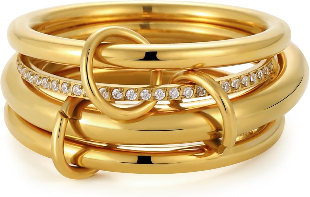 Gold Stackable Rings for Women,18K Gold Plated with Cubic Zirconia,Gold Stacked Multi Ring Interlocking Mixed Stacked Rings for Women Non Tarnish Size 5-10
