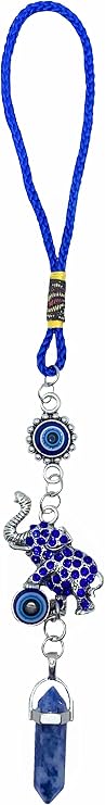 LUCKBOOSTIUM Evil Eye Elephant Keychain and Mandala with Blue Spotted Stone - Decorative Evil Eye Keychain for Blessing and Goodluck - Elephant Bag Charm, Rear View Mirror Accessories (1.75 x 8)