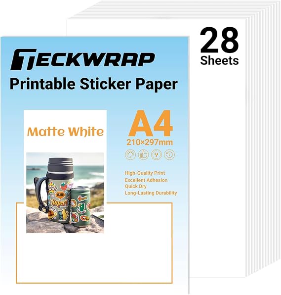 TECKWRAP Printable Vinyl Sticker Paper for Inkjet Printer A4 28pcs, Matte
