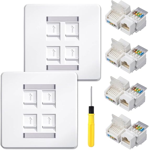 Socket Ethernet Faceplate 4-Port CAT6 RJ45 Socket Wall Plate Quad Ethernet Wall Scoket Cable Networking Box, with Tool-Free Network Connector Module