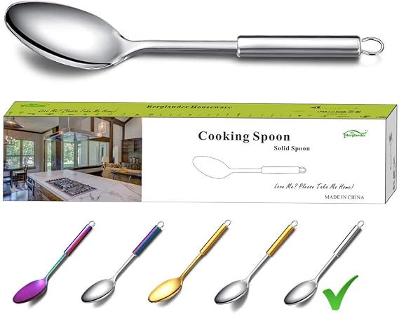 Berglander Solid Spoon, Stainless Steel Solid Cooking Spoons,Solid Serving, Kitchen Spoons, Spoon for Cooking, Basting Non-Stick And Heat Resistant, Dishwasher Safe (Silver)