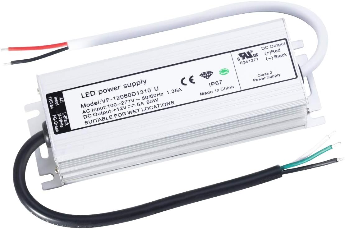 UL Certified LED Driver 12v 60W Waterproof IP67 Class 2 LED Power Supply Transformer 100V-277V AC to 12V DC Low Voltage Output for LED Light Outside(60W-12V)