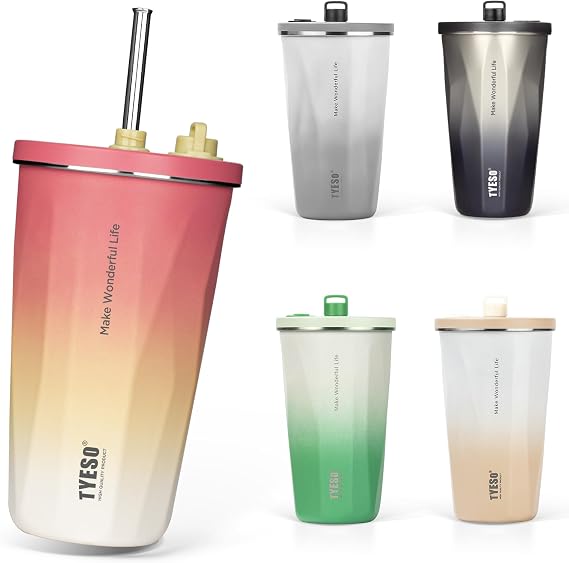 TYESO Tumbler with Straw, Stainless Steel, Wide Mouth, Vacuum Insulated, Home Office Outdoor, Multi-Color, Keeps Hot and Cold, with Lid, 600ml, Large Capacity, for Girls and Boys