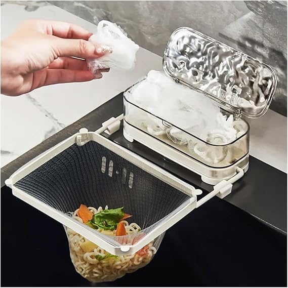 WAYUTO Kitchen Sink Strainer with 100 Disposable Filter Net Bag Collapsible Sink Corner Drain Shelf Fine Mesh Strainer Kitchen Residue Filter Screen Holder