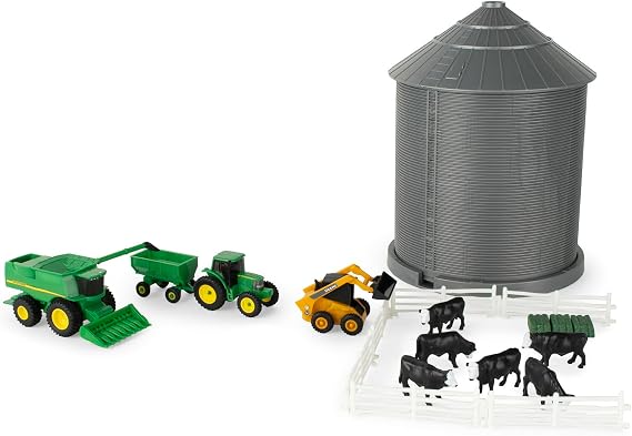 TOMY John Deere Farm Playset with Grain Bin - 1:64 Scale - Includes Grain Bin, John Deere Tractor Toys, Skid Steer, Farm Animal Toys, and Fencing - Ages 3 Years and Up