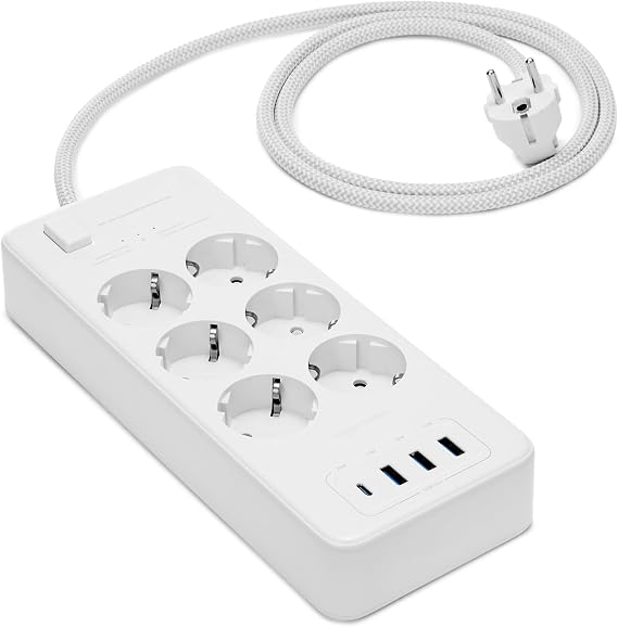 Amazon Basics Power Strip with 6 Outlets and Surge Protection, 4 USB Ports (1 USB-C, 3 USB-A), 1.5 m Cable, 1050 J, White
