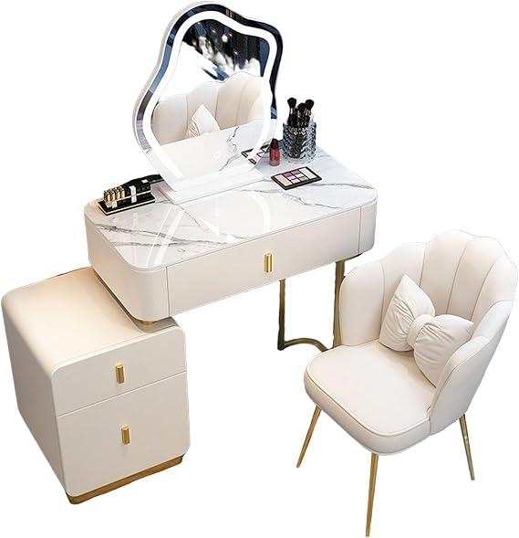 Vanity Table Sets with LED Mirror and Sideboard with Drawers, 3 Color Touch Screen Dimming Mirror, Dressing Table for Makeup Room and Bedroom with Stool,White-gold-80cm
