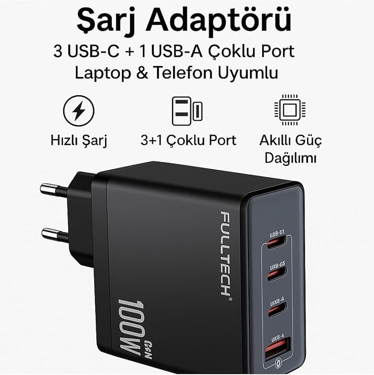 100W GaN Hızlı Şarj Adaptörü | 3 USB-C + 1 USB-A Çoklu Port | PD QC 3.0 | Laptop Telefon Tablet