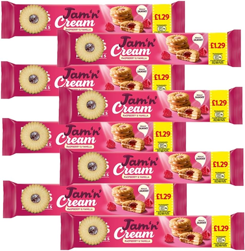 Favourites Jam 'n' Cream Raspberry & Vanilla Biscuitts 150g – Crunchy Biscuits with Sweet Cream & Jam Filling - Fx (8 x Biscuits)