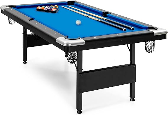 GYMAX Pool Table, 6FT Foldable Billiard Table with Complete Set of Balls, 2 Cue Sticks, Chalk & Felt Brush, Portable Indoor/Outdoor Pool Table for Adults Kids Family Game