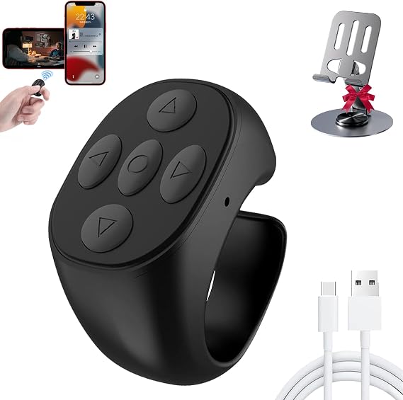 Fingertip Wireless Bluetooth Remote Control, Scrolling Ring Remote Control for TikTok, Phone Bluetooth Scroller Remote, Rechargeable Fingertip Camera Remote Scroll Ring for iOS/Android/Ipad (Black-A)