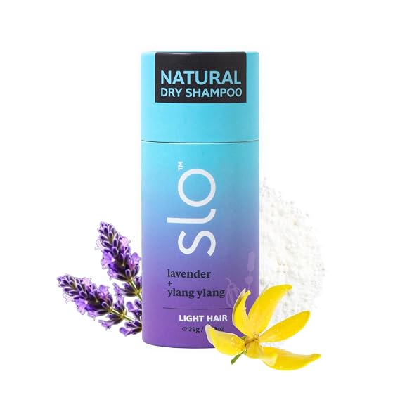 Slo Non Aerosol Dry Shampoo Powder for Light Hair - Oil Absorbing Natural Dry Shampoo - No White Cast, Talc-Free, Vegan - Lavender + Ylang Ylang Scent - Compostable Paper Tube - (1.23oz/35g)