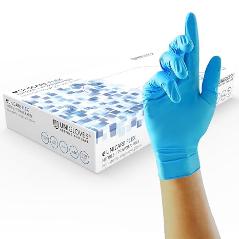 UNIGLOVES Unicare Flex Nitrile Multipurpose Disposable Gloves, Powder Free, Ultra Lightweight, Box of 100 Gloves in Blue, Size Large (GS0214)