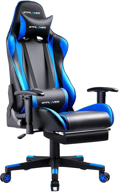 GTPLAYER Gaming Chair, Office Chair, Desk Chair, Gaming Chair, Reclining, PC Chair, High Back, Headrest, Lumbar Support, Armrests, Height Adjustment, PU Leather, with Ottoman GTP002F-BLUE