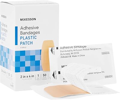 McKesson Adhesive Bandages, Sterile Plastic Patch Rectangle, Tan, 2 in x 4 in, 50 Count, 24 Packs, 1200 Total