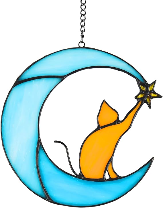 Stained Glass Cat on Moon Pick Star Window Hanging Suncatchers Memorial Gift Decor for Women (Orange Cat on Blue Moon)
