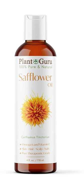 Plant Guru Safflower Oil 4 fl. oz. Cold Pressed, 100% Pure & Natural Carrier for Skin, Face, Body, Hair, and Cooking. Great for DIY Creams, Lotions, and Lip Balms.