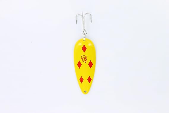 Eppinger Dardevle Spoon, 3 5/8", 1 oz, Yellow/Red Diamonds, Brass Back