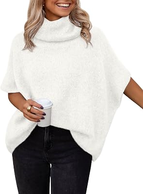 LILLUSORY Womens Mock Turtleneck Oversized Sweaters Cozy Short Batwing Sleeves Tops Fall Winter Loose Fit Chunky Clothes