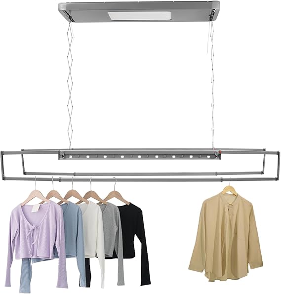 Ceiling Mounted Clothes Drying Rack, 110V Electric Clothes Drying Rack with Remote Control & Led Light Aluminium Alloy Retractable Ceiling Drying Racks for Laundry Room Balconies 77Lbs Load Capacity