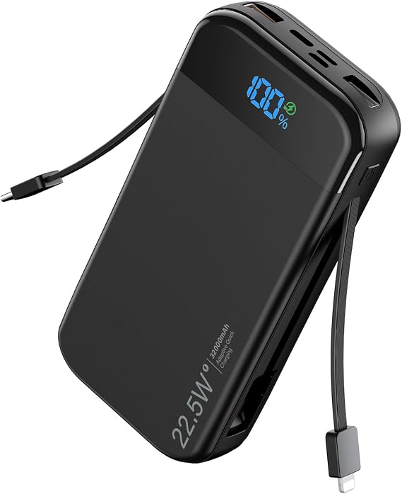 Phone Battery Bank 32000mAh 22.5W w/Built-in Cables & USB C Fast Charging | High Capacity, Quick Speed, 5 Outputs 3 Inputs, Digital Display, Travel Camping Essential for iPhone & Android