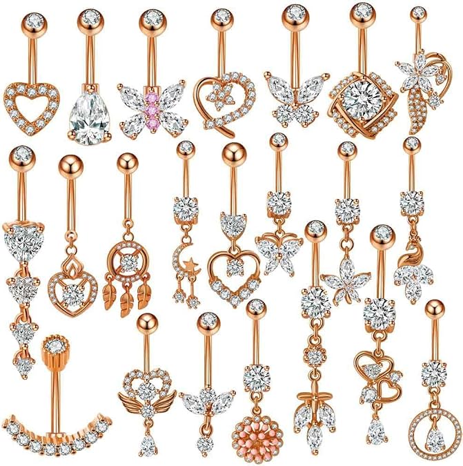 Rose Gold Belly Button Ring for Women 22Pcs Navel Rings Belly Piercing Pack Dangle Cute CZ Belly Small Hypoallergenic Belly Button Ring Reverse Piercings Jewelry