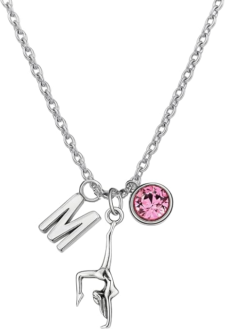 Personalized Girls Gymnastics Necklace with Letter & Birthstone Charm, Custom Gymnast Jewelry - Gift for Gymnast