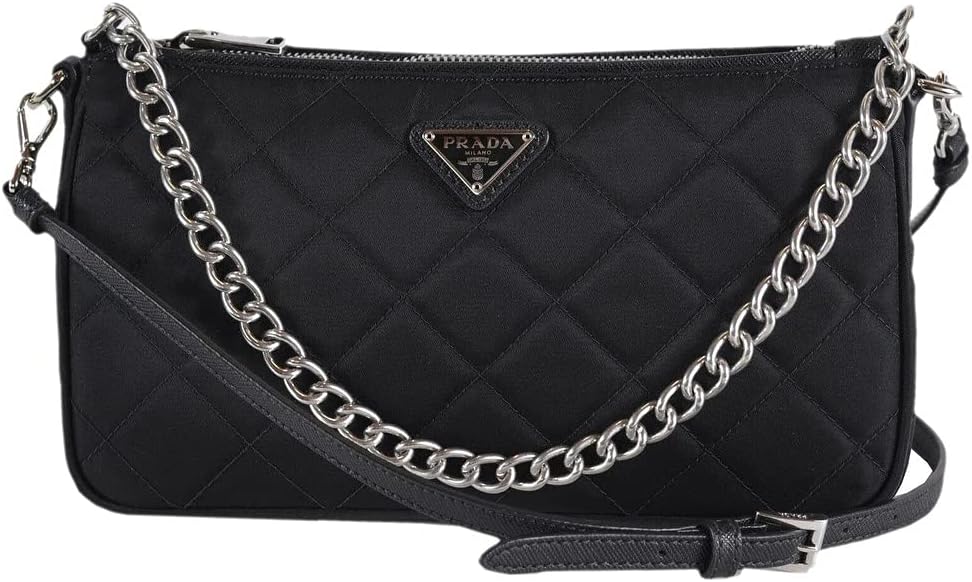 Prada Black Quilted Tessuto Nylon Chain Crossbody Bag Silver Hardware Adjustable Strap Zipper Closure Designer Shoulder Purse New