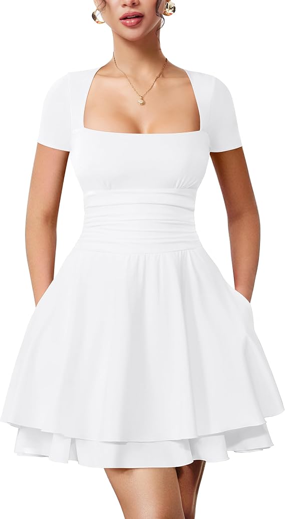YMDUCH Women's Casual Square Neck Mini Sleeve Short Party Dress