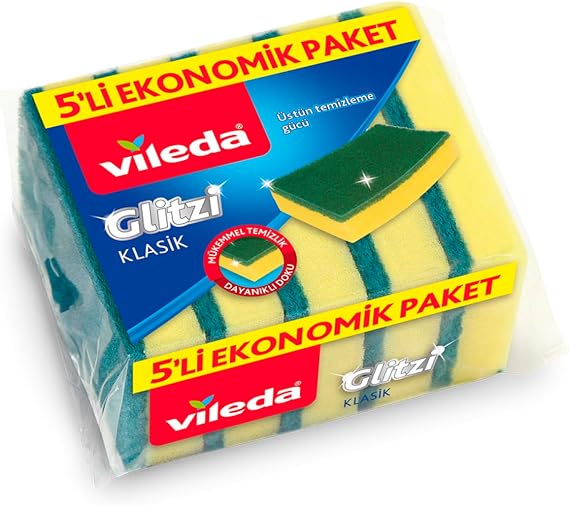 Vileda Düz Hijyenik Bulaşık Süngeri, 5'li Ekonomik Paket, Yeşil